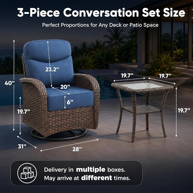 HUMMUH 3-Piece Outdoor Wicker Swivel Rocker Patio Set, High Back | 6 in Olefin seat and back cushions, PE rattan, steel frames, 350 lb chair capacity, for deck, yard, and poolside
