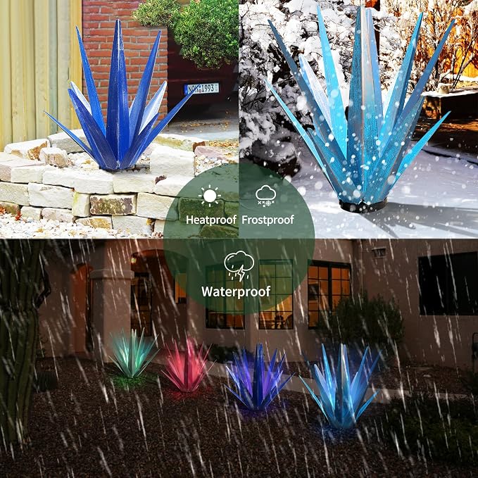 KODIBO Large Metal Agave Plant Outdoor Decor with Solar Light, Dark Blue | IP65 Waterproof Solar Light, Rust-Resistant Metal,Tequila Rustic Sculpture, Outdoor Garden Decor, Gifts for Garden Lovers