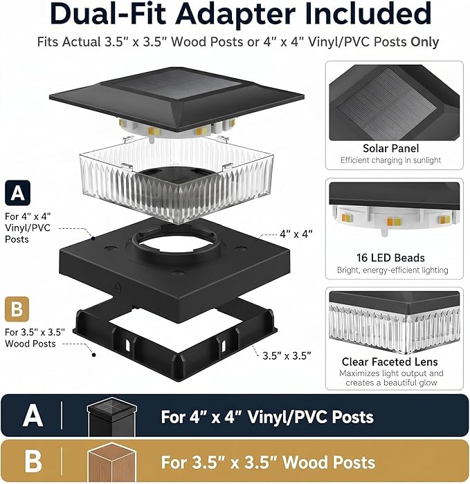 12 Pack Solar Post Cap Lights 4x4, Dual-Color Waterproof Fence Post Solar Lights, Fits 4x4 Vinyl or 3.5x3.5 Wood Posts, Dusk to Dawn Outdoor Lighting for Deck, Garden & Porch Decor, Black