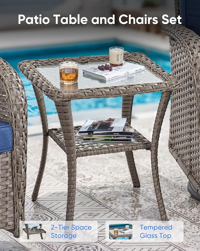 5 Pieces Outdoor Wicker Patio Furniture Set-High Back Outdoor Rocking Chairs Set of 2 with Ottoman Patio Conversation Sets for Deck Lawn Porch Balcony Poolside-Grey/Blue