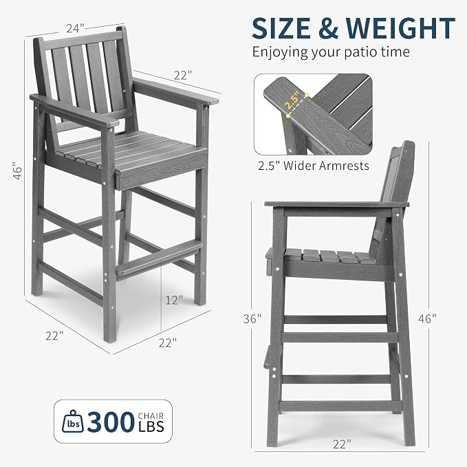 Adirondack Bar Chair Set of 2, All Weather HDPE Counter Height Bar Chair with Wide Armrests & Footrest, Heavy-Duty Outdoor Bar Height Barstools Set for Patio, Balcony, Pool, Backyard, Grey