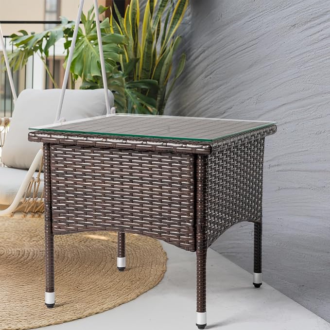 Outdoor Wicker Patio Side Tables for Outside, Tempered Glass Top Wicker Table with Storage End Table for Balcony Porch Deck