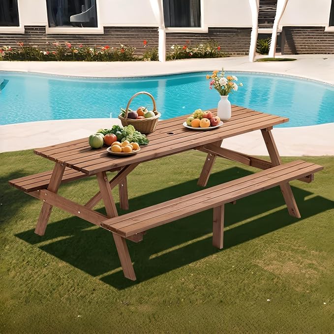 Brown 75" Rectangular Picnic Tables for Outdoors,8 Person Wooden Picnic Tables,Outdoor Camping Dining Tables with 2 Seats DIY with 2 Built-in Benches for Garden Courtyard BBQ