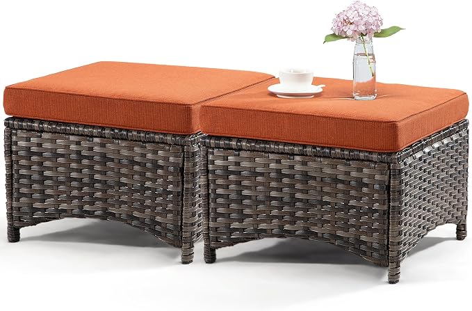 Wicker Chair Set 6 Pieces - Outdoor Wicker Patio Furniture Set with 4 Armchairs and 2 Ottomans, Olefin Cushions Included(Mixed Grey/Orange)