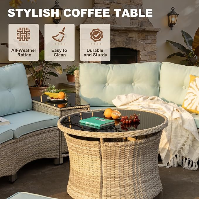 MEISSALIVVE 11-Piece Half-Moon Curved Outdoor Patio Furniture Set, Sectional Conversation Sofa with Wood Armrests, Coffee & Side Tables for Backyard Deck Garden, Blue