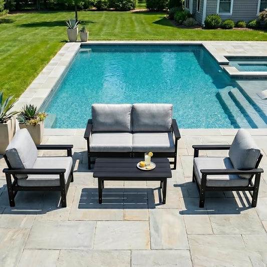 HDPE Outdoor Patio Furniture Set, 5-Piece Sofa Set with Loveseat Couch, 2 Armchairs & Coffee Table, Weatherproof Conversation Set with Cushions, All-Weather Waterproof, for Garden, Porch & Backyard