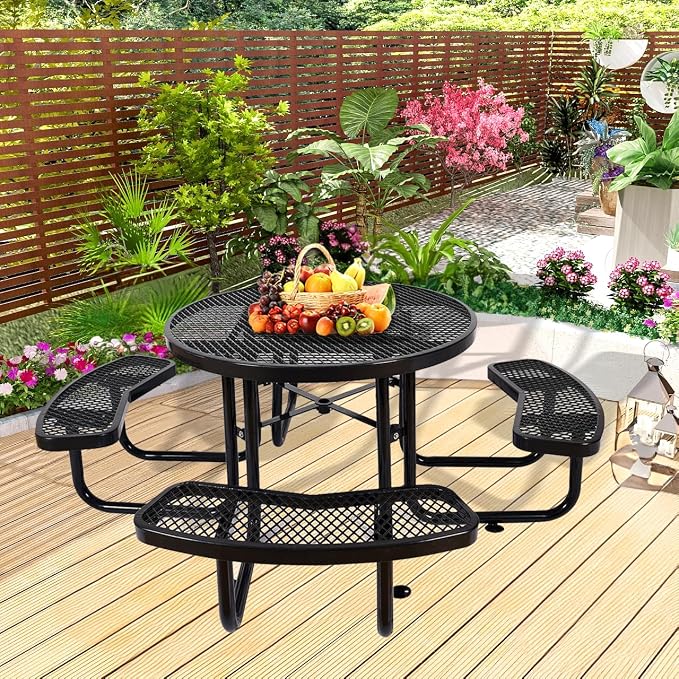 46" Thermoplastic Picnic Table with Umbrella Hole up to 1.5", Heavy Duty Commercial Picnic Table for Outdoor, Family & Party Ready for School Camping, Round, Black