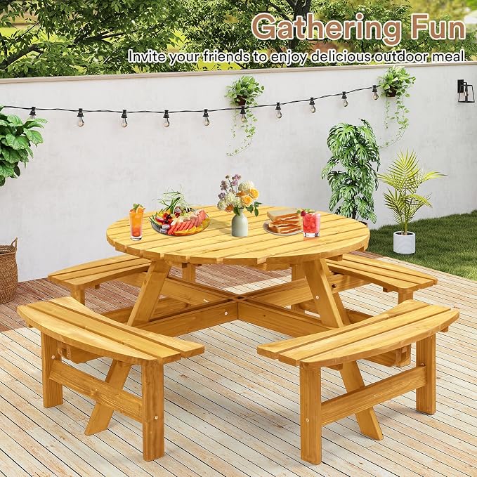 Zevemomo 8 Person Wood Picnic Table, Round Tabletop with Umbrella Hole, 4 Built-in Curved Benches, 2220LBS Total Capacity for Patios, Backyard, Light Wood Color