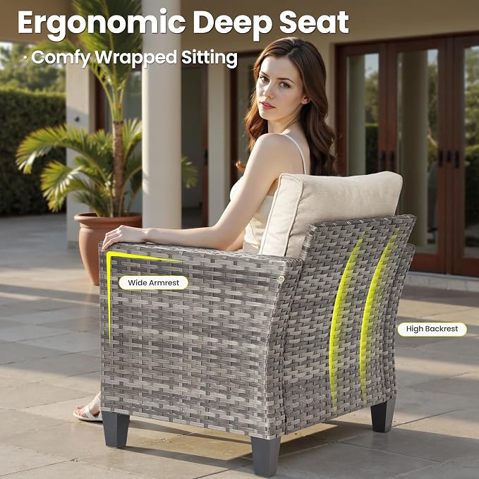 ovios 5 Pieces Patio Furniture Set, Outdoor Wicker Rattan Sofa Couch with Loveseat, Chairs, Glass Coffee Table, Conversation Sets for Yard Porch Garden, Beige