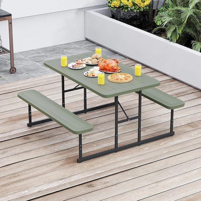 Tangkula Picnic Table, HDPE Outdoor Rectangular Table Bench Set with 2 Built-in Benches, Umbrella Hole, Metal Frame for 4 Person, Garden Yard Patio Lawn