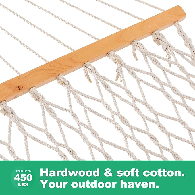 GAFETE Double Hammocks for Outside, Handwoven Traditional Cotton Rope 2 Person Hammock with Hardwood Spreader Bar, Chains & Hooks for Indoor Outdoor, Max 450 lbs Capacity (Natural Beige, Medium)