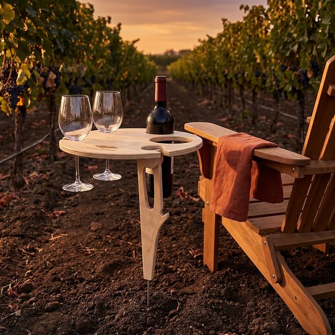 Outdoor Wooden Folding Wine Table, Ground Insert with Glass Holder | Solid Rubber Wood, Detachable Foldable, Bottle Glass Holder, Easy to Store, for Lawn Garden Picnic Beach