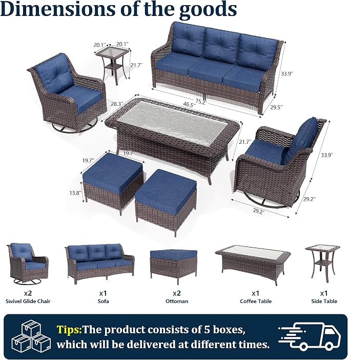 7-Piece Patio Furniture Set,Outdoor Conversation Sets w/Glass Table&High Back Wicker Swivel Rocker Chairs,All-Weather Wicker Sectional Sofa for Deck,Yard and Poolside,Navy Blue