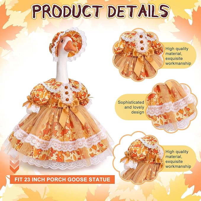 Soulchen Fall Yellow Maple Leaf Porch Goose Outfits for 23 Inch Goose Clothes with Dress and Bonnet for Outdoor Garden Yard Lawn Entrance Decor