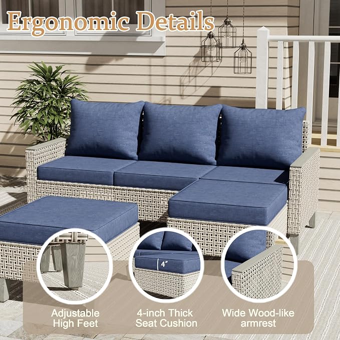 8 Pieces Patio Furniture Set with Fire Pit Table and Ottomans, Modern Outdoor Sectional Sofa with Comfy Cushions, Modular Wicker Rattan Patio Conversation Set, Navy