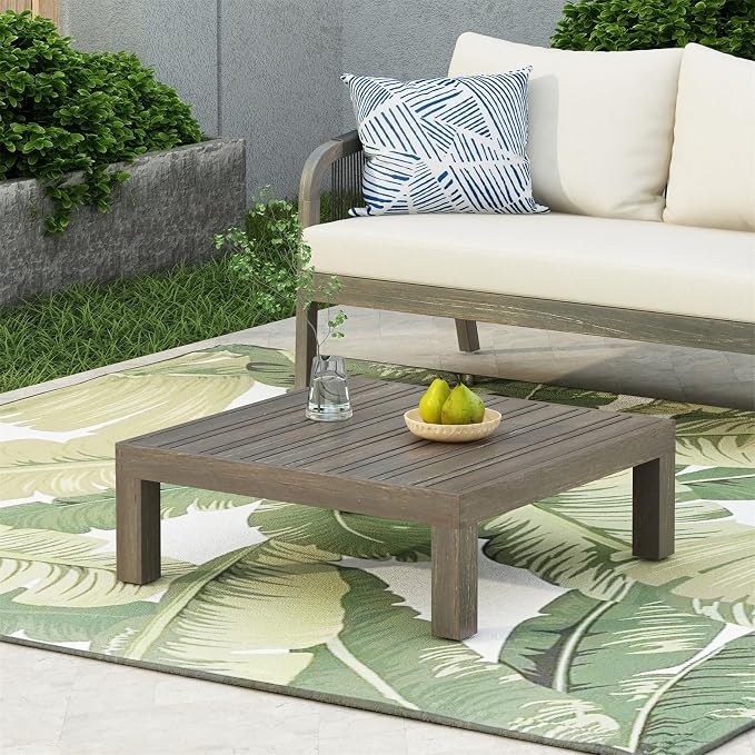 Outside Acacia Wood Coffee Table, Square Outdoor Coffee Table for Patio Lounge, Slatted Tabletop, 29.50 x 29.50 x 10.25 Inch, Gray
