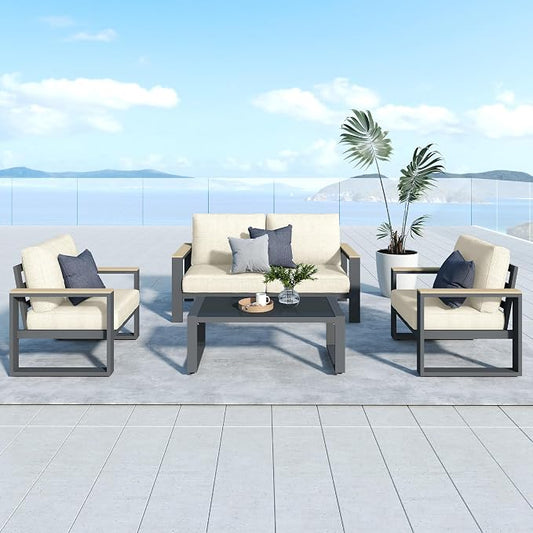 RoyalCraft Aluminum Patio Furniture, 4-Seats Metal Outdoor Furniture Set with Coffee Table, Modern Patio Sofa Sets Outdoor Conversation Set for Pool Garden Porch Backyard, Beige