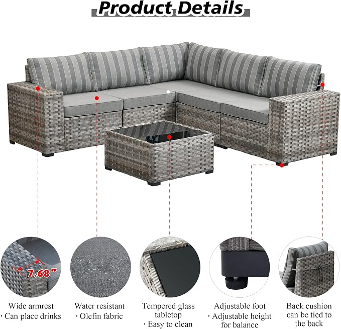 HOOOWOOO Outdoor Patio Sectional Furniture Sofa Set with Widened Armrest,6 Piece Small Modern Wicker Couch,Modular L Shaped Conversation Seating Set with Table for Out Door Garden Corner(Grey Strips)
