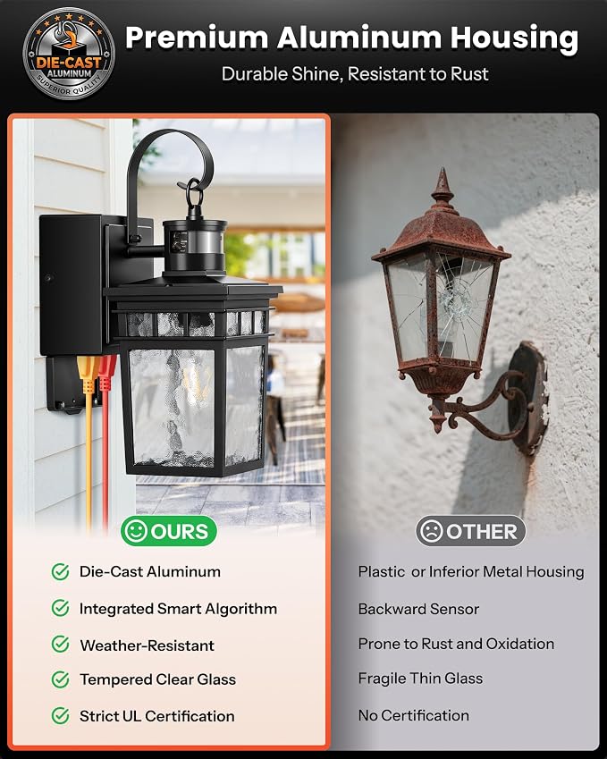Gleamz Adjustable Time & Distance Outdoor Light with GFCI Outlet, 2 Pack Motion Sensor Outdoor Light Fixture, Black Dusk to Dawn Outdoor Lights for House, Patio, Garage, Waterproof, Aluminum