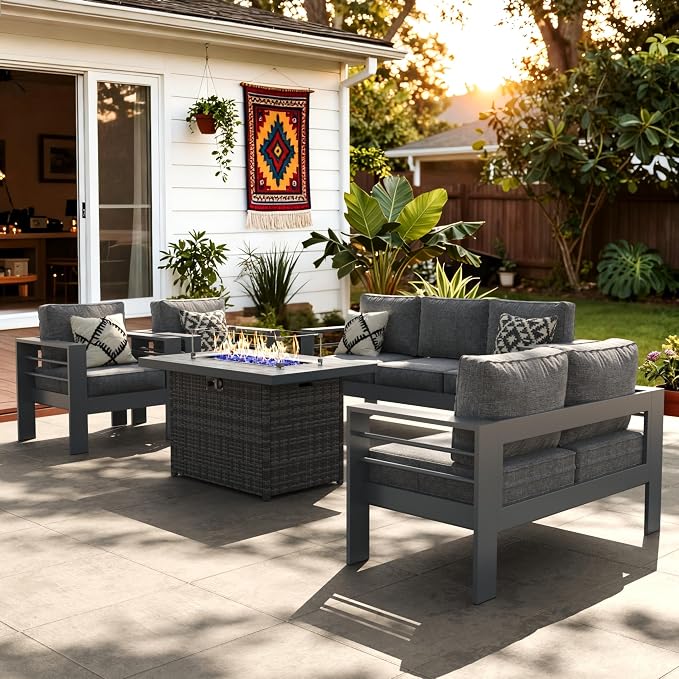 LayinSun Aluminum Furniture Set with Fire Pit Table, 5 Pieces Patio Sectional Conversation Chat Sofa Modern Seating Set