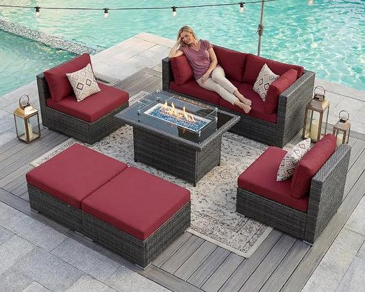BULEXYARD 7 Piece High Back Outdoor Sectional Set with Fire Pit Table, Wicker Patio Furniture Set Weather-Resistant, Modular 6-Person Couch Sofa Comfortable Wide Deep Seats for Backyard, Grey & Red
