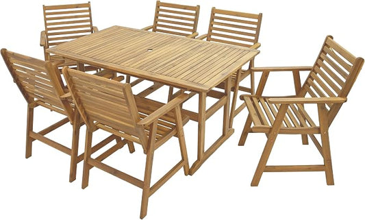 Sunnydaze 7-Piece Patio Dining Set for 6 - Hatteras Acacia Wood Outdoor Dining Set with Umbrella Hole - Outdoor Table and Chairs for 6
