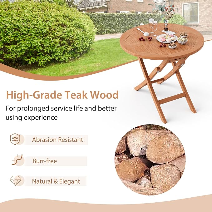Giantex 31.5” Outdoor Folding Table, Indonesian Teak Patio Dining Table with Natural Appearance, Space-Saving Design, Outside Round Wood Dining Table for Deck, Backyard, Poolside