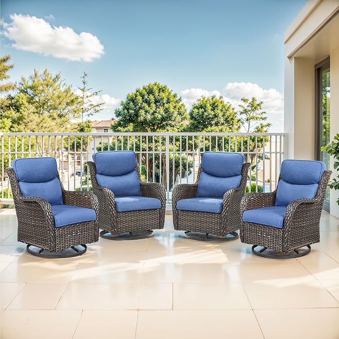 Outdoor Swivel Rocker Patio Chairs Set of 4-5" Thick Cushion 4 Piece Furniture Set All Weather Comfortable Wicker Conversation Set for Porch Poolside and Deck - Brown/Blue