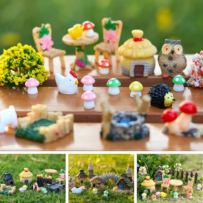 60 PCS Mini Fairy Garden Accessories Kit Miniature House Decor | Mini Fairy Figurines Outdoor DIY Micro Landscape Ornaments for Terrarium Dollhouse Succulent Craft