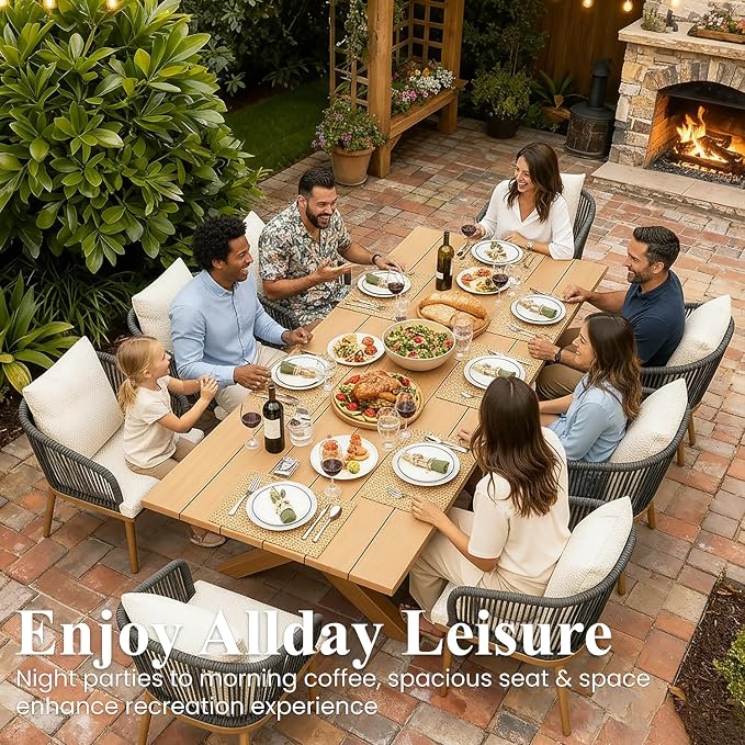 LayinSun 9 Pieces Outdoor Patio Dining Set, Aluminium Rectangular Dining Table and Wicker Rattan Chairs Set for Outside Backyard, Poolside