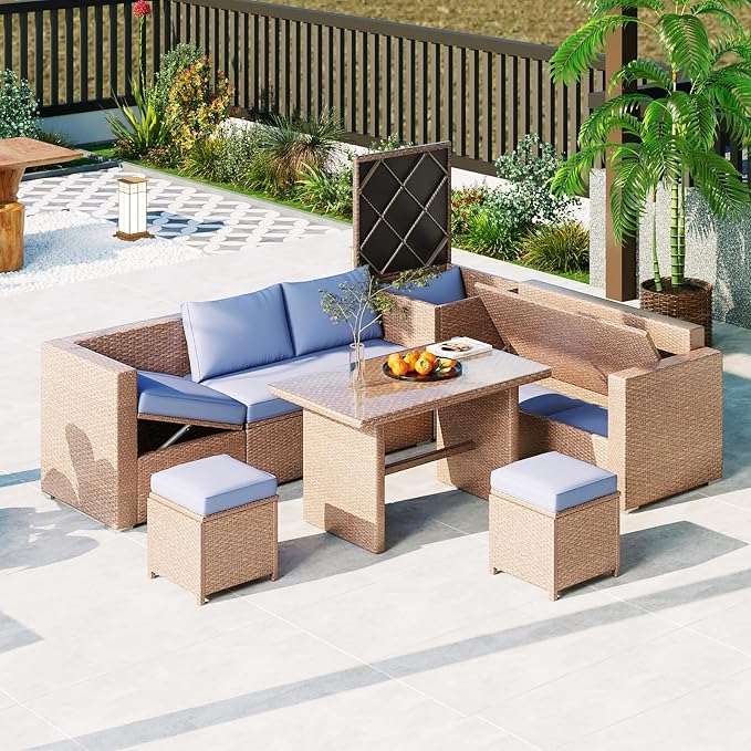 6 Pieces of Patio Furniture Sets, Outdoor Garden Furniture Sets,Patio Furnitures with Adjustable Seats, Hand-Woven Rattan furnitures for Garden terraces, Preferred Patio Conversation Sets