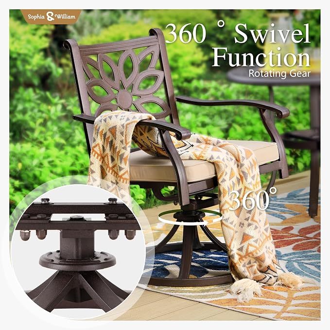 Sophia and William Patio Dining Set, for 6, Swivel Chairs | Cast Aluminum, Round Table, 2.2" Umbrella Hole