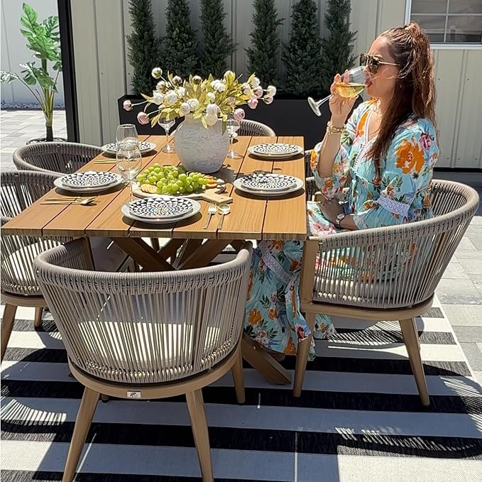 PURPLE LEAF Outdoor Dining Set for 12 All-Weather Aluminum 14 Piece Furniture Sets with Woodgrain Oversized Table and Rope Weave Chairs Included Cushions for Backyard Indoor Patio Set Teak Color