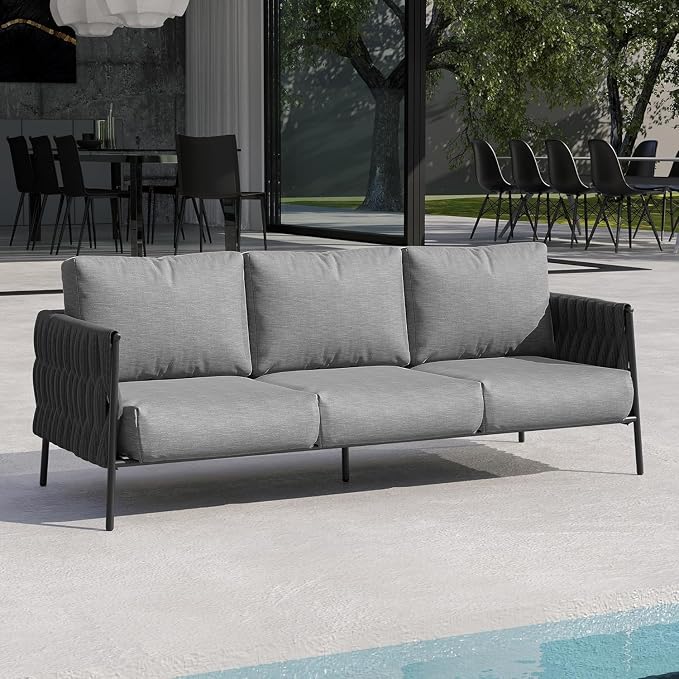 East Oak Life Chatter Outdoor Patio Furniture | Outdoor Sofa 3 Seats with Waterproof Thick Cushions | Deep Seating Modern Patio Sofa for Garden, Porch, Balcony & Backyard | Misty Grey