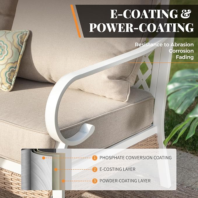 MIXPATIO 5 Piece Patio Furniture Set, 2 x Swivel Chair, 1 x 2-Seat Sofa, 1 x 3-Seat Sofa with Marbling Coffee Table, All Cushioned 7 Seats Outdoor Conversation Set for Lawn Garden Backyard, Beige
