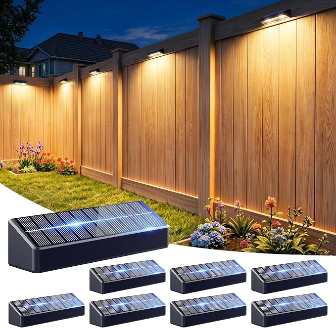 JOFIOS Fence Lights Solar Powered, 3000/4000/6000K 3 Modes Solar Lights for Fence Waterproof IP65 Dusk-to-Dawn LED Deck Lighting for Patio, Railing, Pool, Porch, Backyard, Wall, 8 Pack