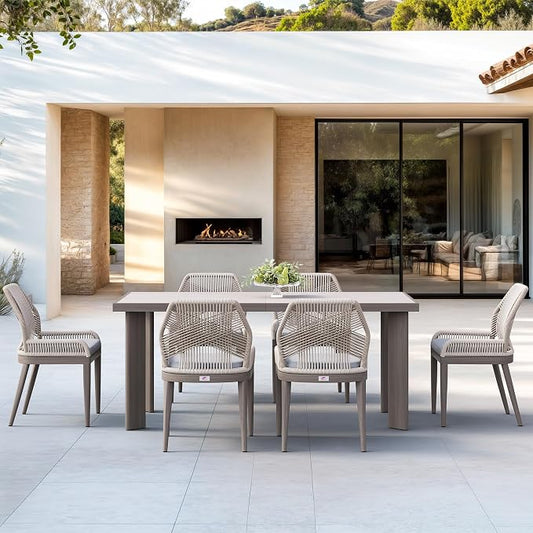 PURPLE LEAF 7 Pieces Patio Dining Set Aluminum Rectangular Table and Wicker Chairs with Cushions for Kitchen Porch Garden Modern Outdoor Furniture Sets, Light Grey