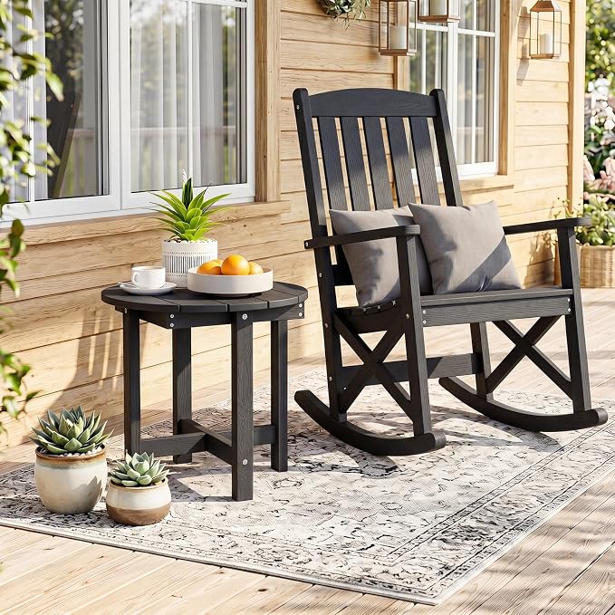 Tangkula Round Outdoor Side Table Set of 2, Adirondack Side Table with Weather-Resistant, Waterproof Top, Small Outside End Table for Patio Deck Pool Porch, Easy Maintenance (Black,2)
