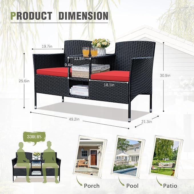 Greesum Patio Loveseat Outdoor Wicker Furniture Conversation Set with Soft Cushions & Built-in Coffee Table for Lawn Garden Backyard, Red