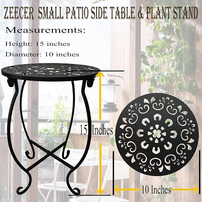 Outdoor Side Tables, 10" Round 15" Tall Patio Side Table, Set of 2 Metal Small Round Side Table for Patio Yard Porch Balcony Garden Bedside, Plant Stand for Indoor Outdoor
