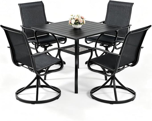 Crownland 5 Piece Patio Dining Set, 4 Swivel Metal Chairs and Square Outdoor Dining Table with 1.57" Umbrella Hole, Outdoor Furniture Dining Set for Lawn, Backyard, Garden(Black)