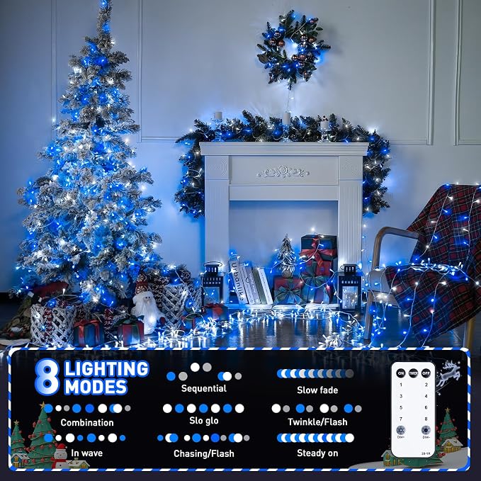 JMEXSUSS 600 LED Blue and White Christmas Lights Outdoor with Remote | 168ft String Lights Indoor Clear Wire Christmas Tree Lights Plug in for Bedroom Tree Birthday Party Xmas Decorations