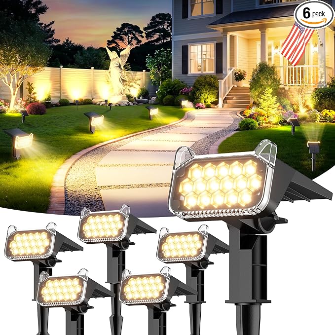 Solar Spot Lights Outdoor Waterproof IP65, Super Bright LEDs with Lens, 2 Lighting Modes, 2 in 1 Auto On/Off Solar Powered Spotlights for Outside Landscape Holiday Decor, 6 Pack, Warm White