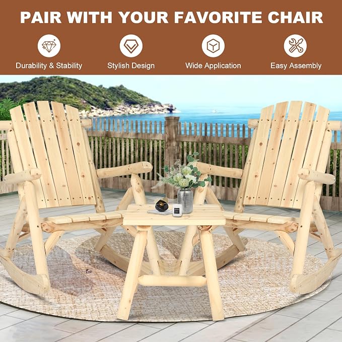 HOMEDIARY Wooden Adirondack Log Side Table, Cedar Wood Outdoor Square End Table w/Slatted Tabletop, Oversize 19.5” Indoor Outdoor Patio Side Coffee Table for Garden Patio Backyard Porch, Carbonized