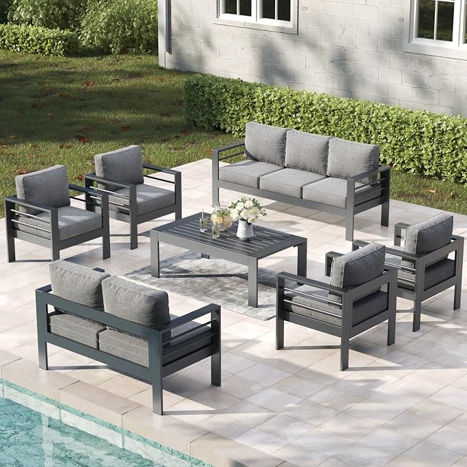 7 Pieces Aluminum Outdoor Patio Furniture Set with Coffee Table, Modern Metal Conversation Sofa Set with Deep Seating for Porch
