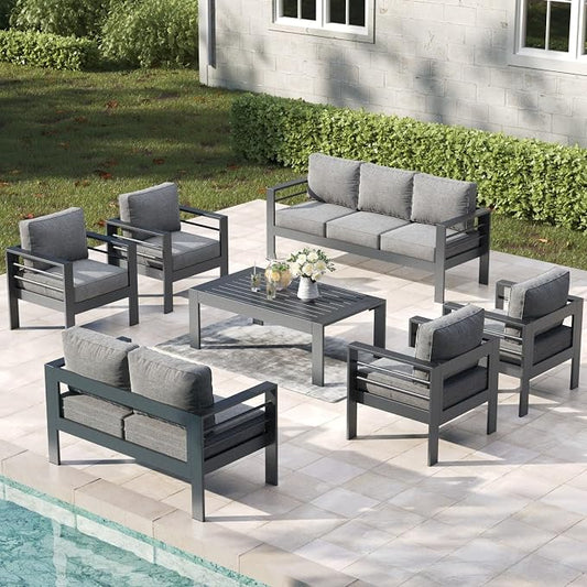 7 Pieces Aluminum Outdoor Patio Furniture Set with Coffee Table, Modern Metal Conversation Sofa Set with Deep Seating for Porch