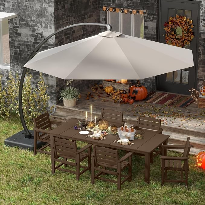 HDPE 5-Piece Outdoor Dining Set with Armchairs, Brown | All Weather Patio Table and Chairs with Umbrella Hole, Patio Furniture Dining Set for Lawn, Garden, Deck, Backyard