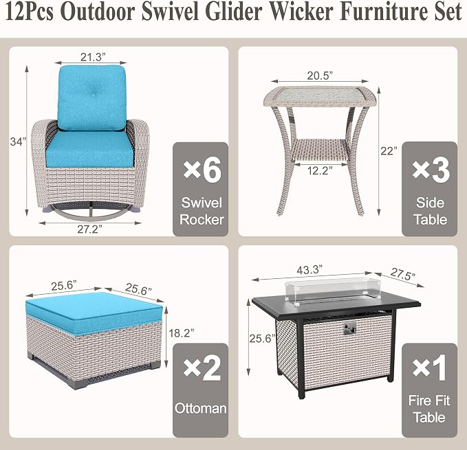 12-Piece Patio Furniture Set, Outdoor Swivel Rocking Chairs Set with 55,000 BTU Fire Pit Table,All Weather Conversation Set for Porch Poolside Balcony