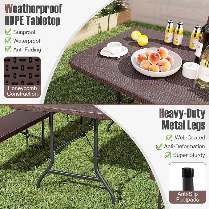 Goplus 6ft Plastic Folding Table, 350 LBS Indoor Outdoor Heavy Duty Portable Folding Tables with HDPE Tabletop, Handle, Lock, Foldable Rectangle Utility Card Table for Picnic, Party, Camping, Dining