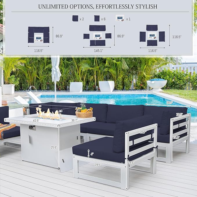 BULEXYARD 9 Piece L Shaped Contemporary Aluminum Outdoor Furniture Set with Firepit, 29" Deep Wide Large Couch Set, 500 lbs High Weight Capacity Modular Patio Sectional Sofa for Exterior, Navy Blue